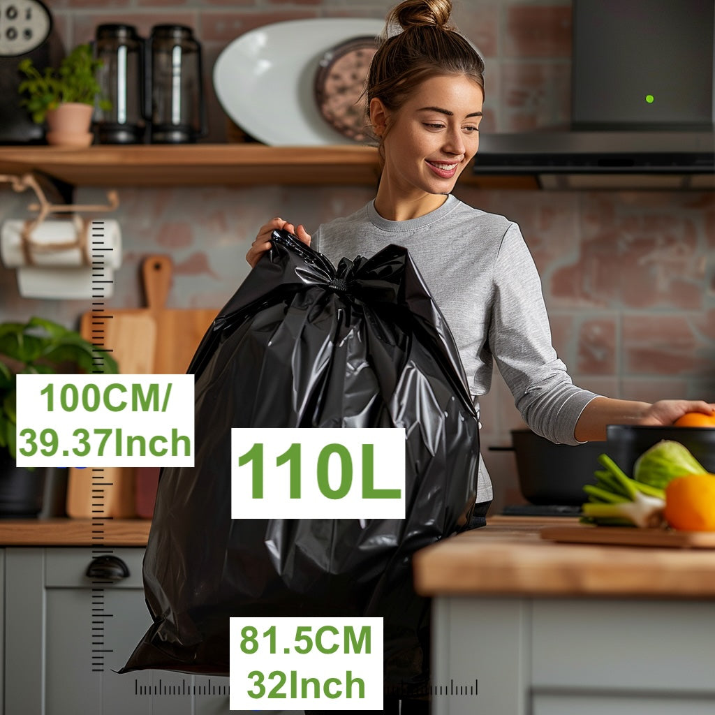 20pcs Lianpak Heavy Duty FLAT TOP 110L All-Purpose Refuse Sacks, 30um, Bin Bags, Bin Liners with FlexTech, Soft Touch, Recycled, Tear Resistant - Perfect for Household, Office, Kitchen & Caterers - 20 Bags per Roll - Black Catering Plastic Smooth