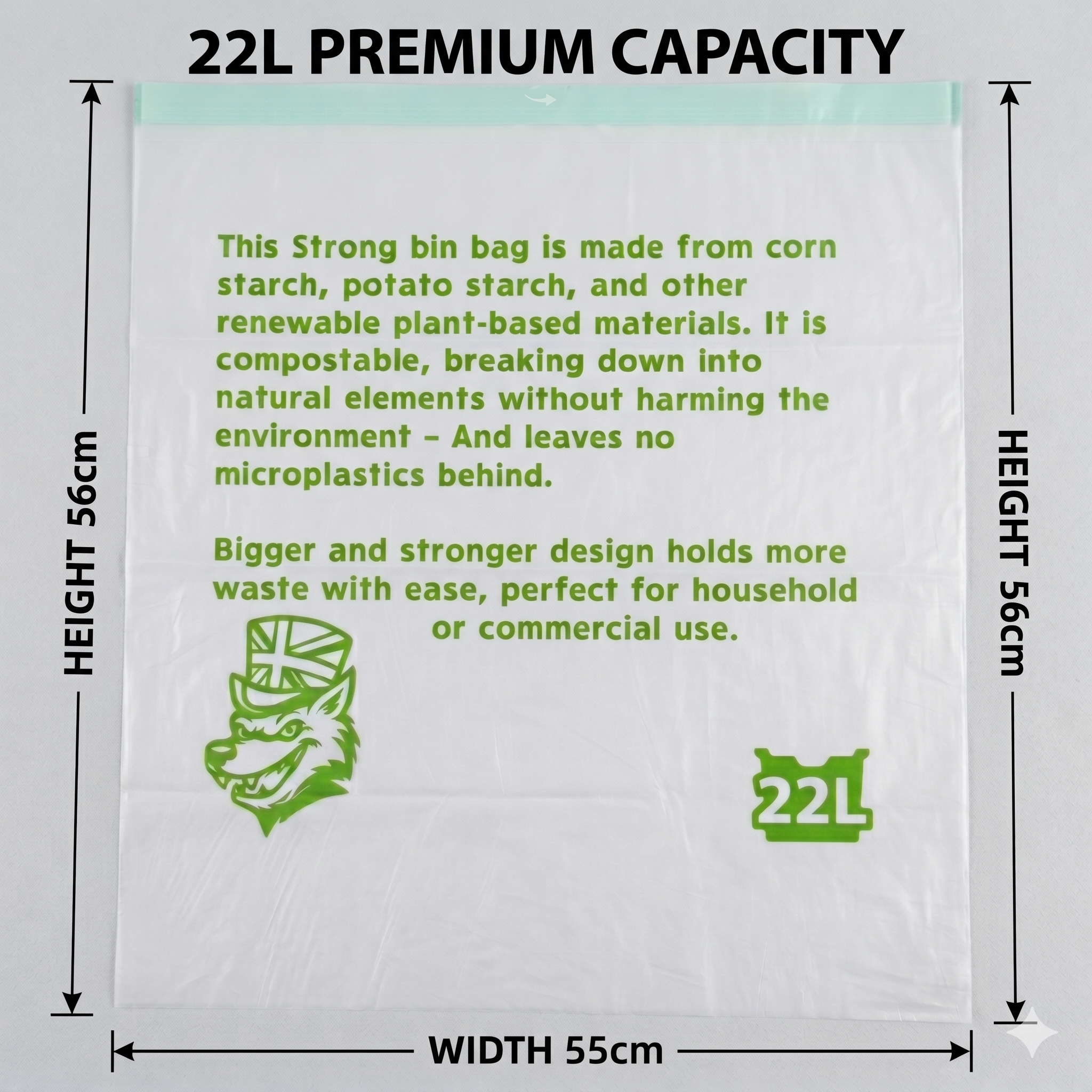 Lianpak BioFlex 22L Kitchen Bin Bags Drawstring, Compostable Food Waste Caddy Liners, Strong Leak Resistant Small Trash Bags, Easy Tie Garbage Bags, 56×55cm