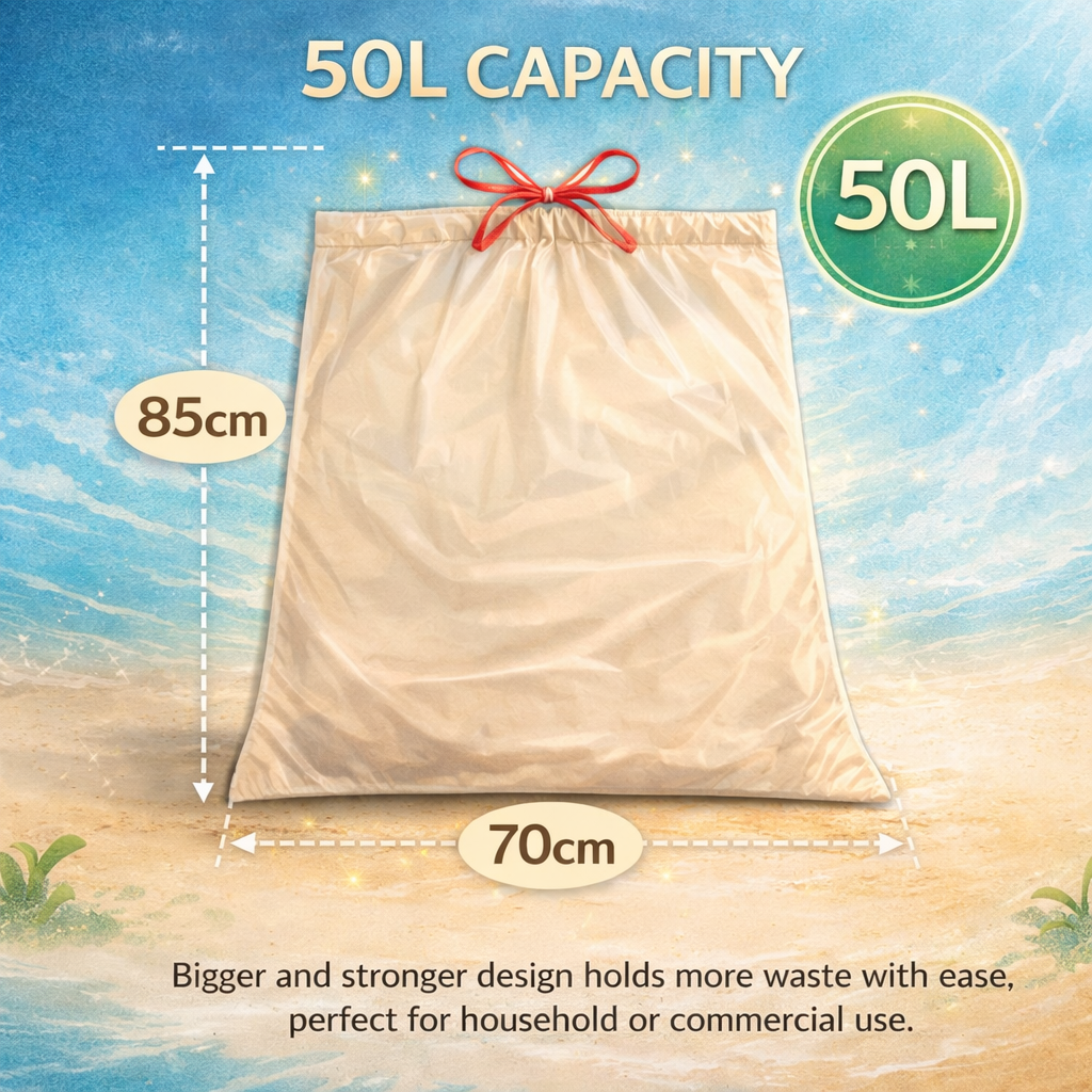Lianpak BioFlex 50L Kitchen & Household Bin Bags Drawstring, Compostable Waste Liners, Strong Leak Resistant Trash Bags, Easy Tie Garbage Bags, 85×70cm