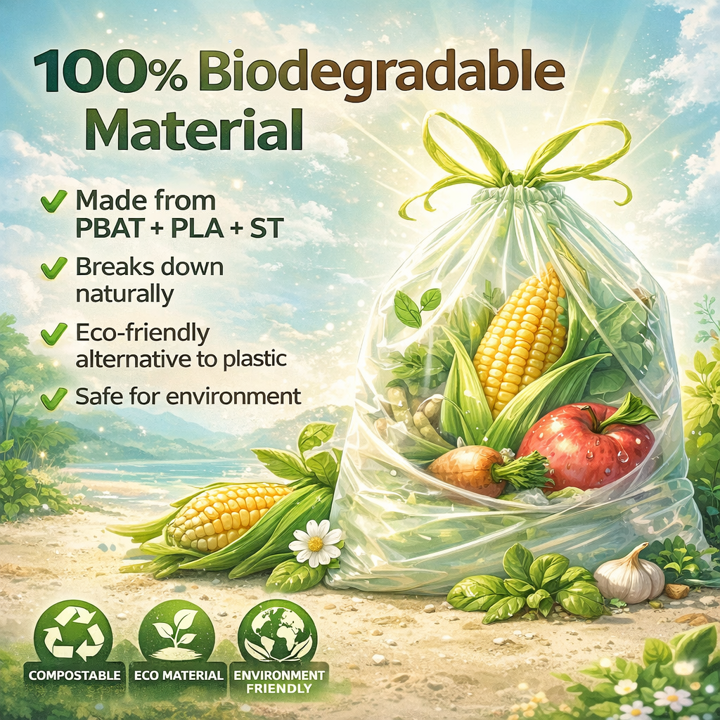 Lianpak BioFlex 75L Large Kitchen Bin Bags Drawstring, Compostable Household Waste Liners, Strong Leak Resistant Trash Bags, Easy Tie Garbage Bags, 90×80cm