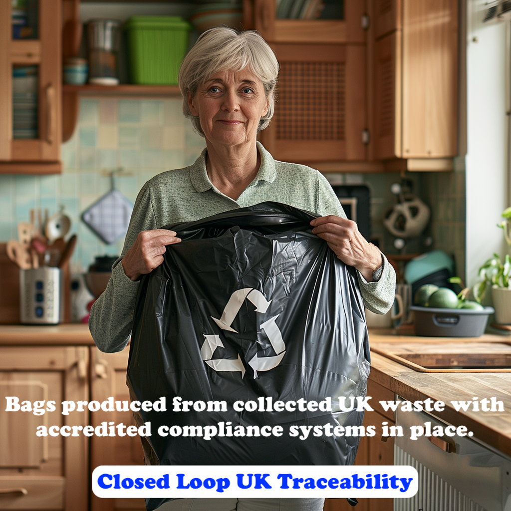 20pcs Lianpak Heavy Duty FLAT TOP 110L All-Purpose Refuse Sacks, 30um, Bin Bags, Bin Liners with FlexTech, Soft Touch, Recycled, Tear Resistant - Perfect for Household, Office, Kitchen & Caterers - 20 Bags per Roll - Black Catering Plastic Smooth