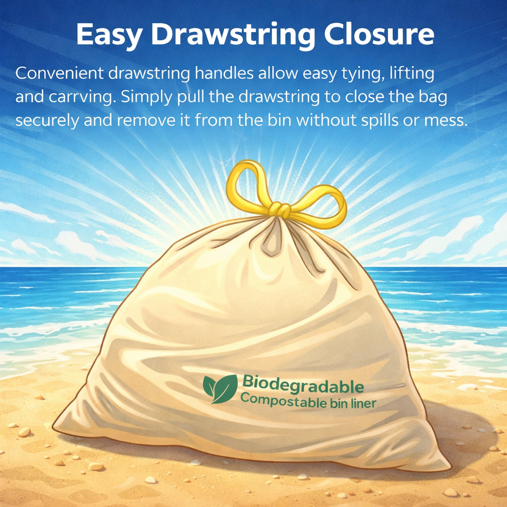 Lianpak BioFlex 50L Kitchen & Household Bin Bags Drawstring, Compostable Waste Liners, Strong Leak Resistant Trash Bags, Easy Tie Garbage Bags, 85×70cm