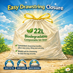 Lianpak BioFlex 22L Kitchen Bin Bags Drawstring, Compostable Food Waste Caddy Liners, Strong Leak Resistant Small Trash Bags, Easy Tie Garbage Bags, 56×55cm