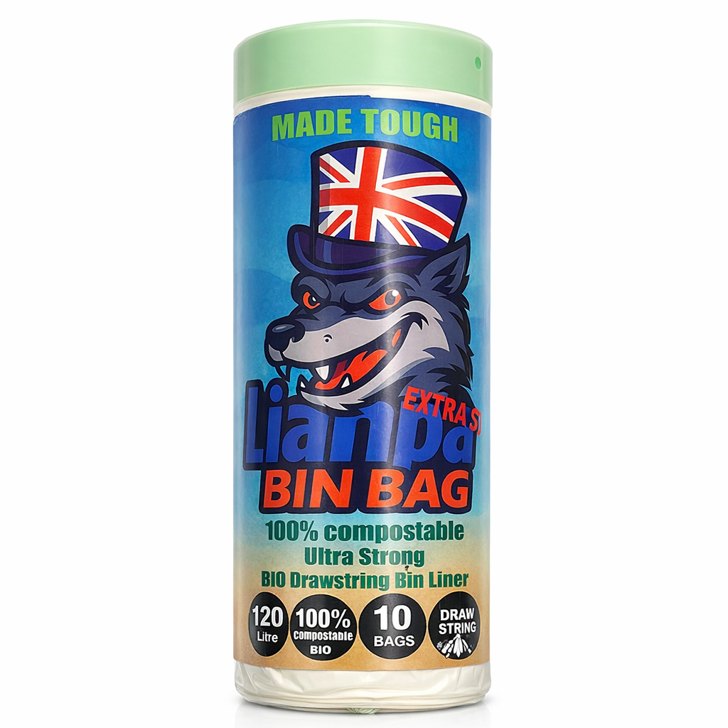 Lianpak BioFlex 120L Large Bin Bags Drawstring, Compostable Kitchen & Household Waste Liners, Strong Leak Resistant Trash Bags, Easy Tie Garbage Bags, 105×83cm