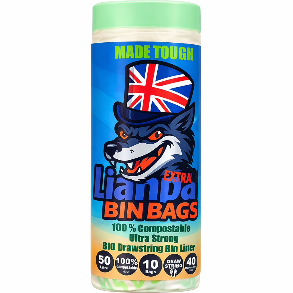 Lianpak BioFlex 50L Kitchen & Household Bin Bags Drawstring, Compostable Waste Liners, Strong Leak Resistant Trash Bags, Easy Tie Garbage Bags, 85×70cm