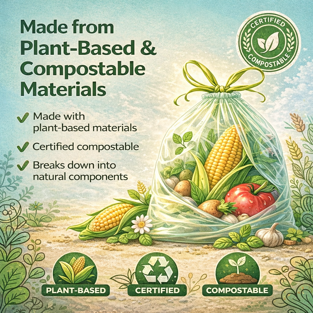 Lianpak BioFlex 22L Kitchen Bin Bags Drawstring, Compostable Food Waste Caddy Liners, Strong Leak Resistant Small Trash Bags, Easy Tie Garbage Bags, 56×55cm