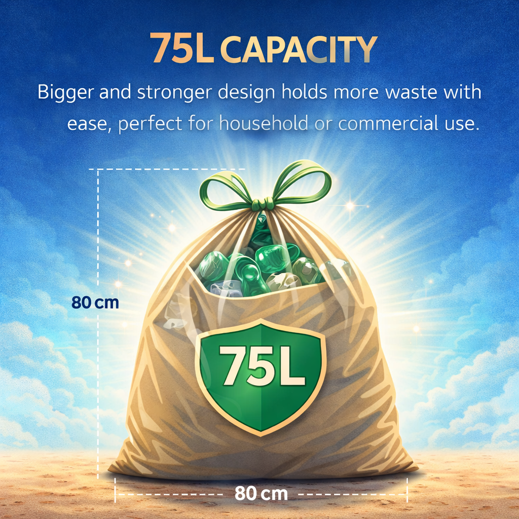Lianpak BioFlex 75L Large Kitchen Bin Bags Drawstring, Compostable Household Waste Liners, Strong Leak Resistant Trash Bags, Easy Tie Garbage Bags, 90×80cm
