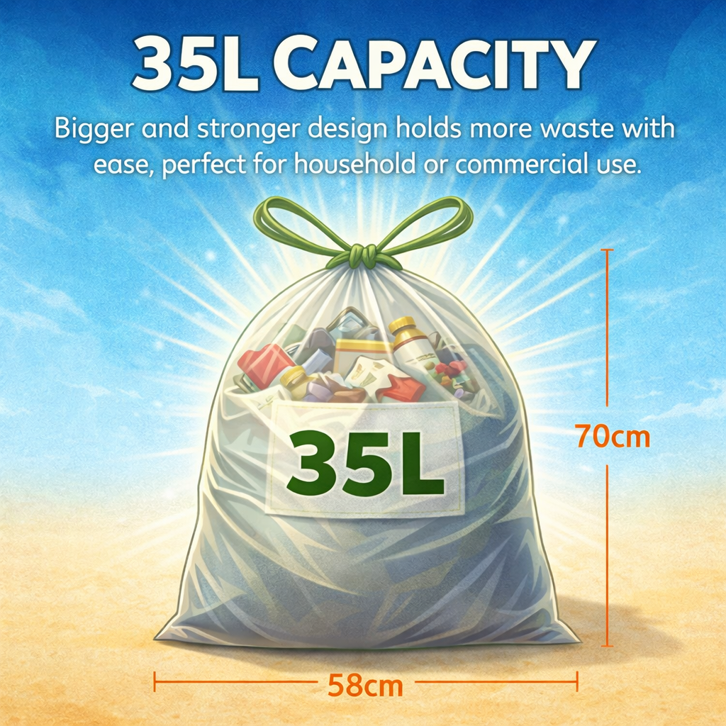 Lianpak BioFlex 35L Kitchen Bin Bags Drawstring, Compostable Food & Household Waste Liners, Strong Leak Resistant Trash Bags, Easy Tie Garbage Bags, 70×58cm