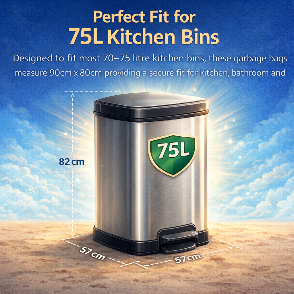 Lianpak BioFlex 75L Large Kitchen Bin Bags Drawstring, Compostable Household Waste Liners, Strong Leak Resistant Trash Bags, Easy Tie Garbage Bags, 90×80cm
